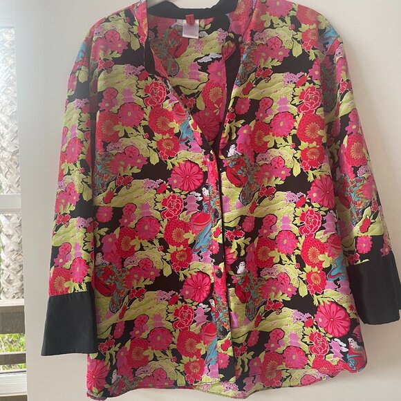 Josie Natori Geisha and Floral Print‎ Pajama Top in Red, Black, Green Size Large - Picture 1 of 6